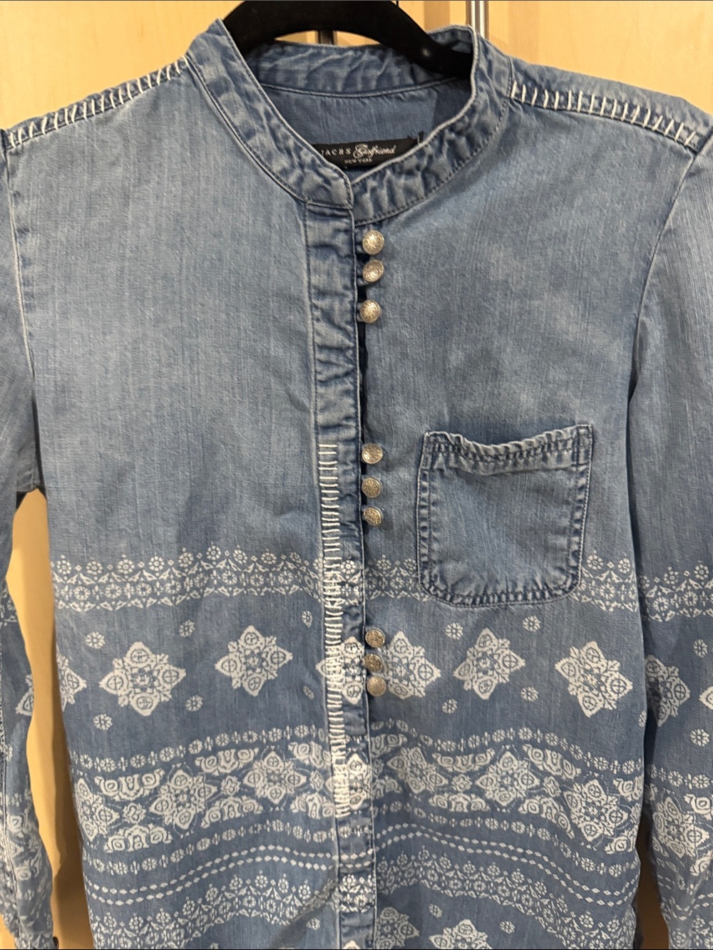 Vintage Bandana-Print Denim Button-Down Shirt - Blue